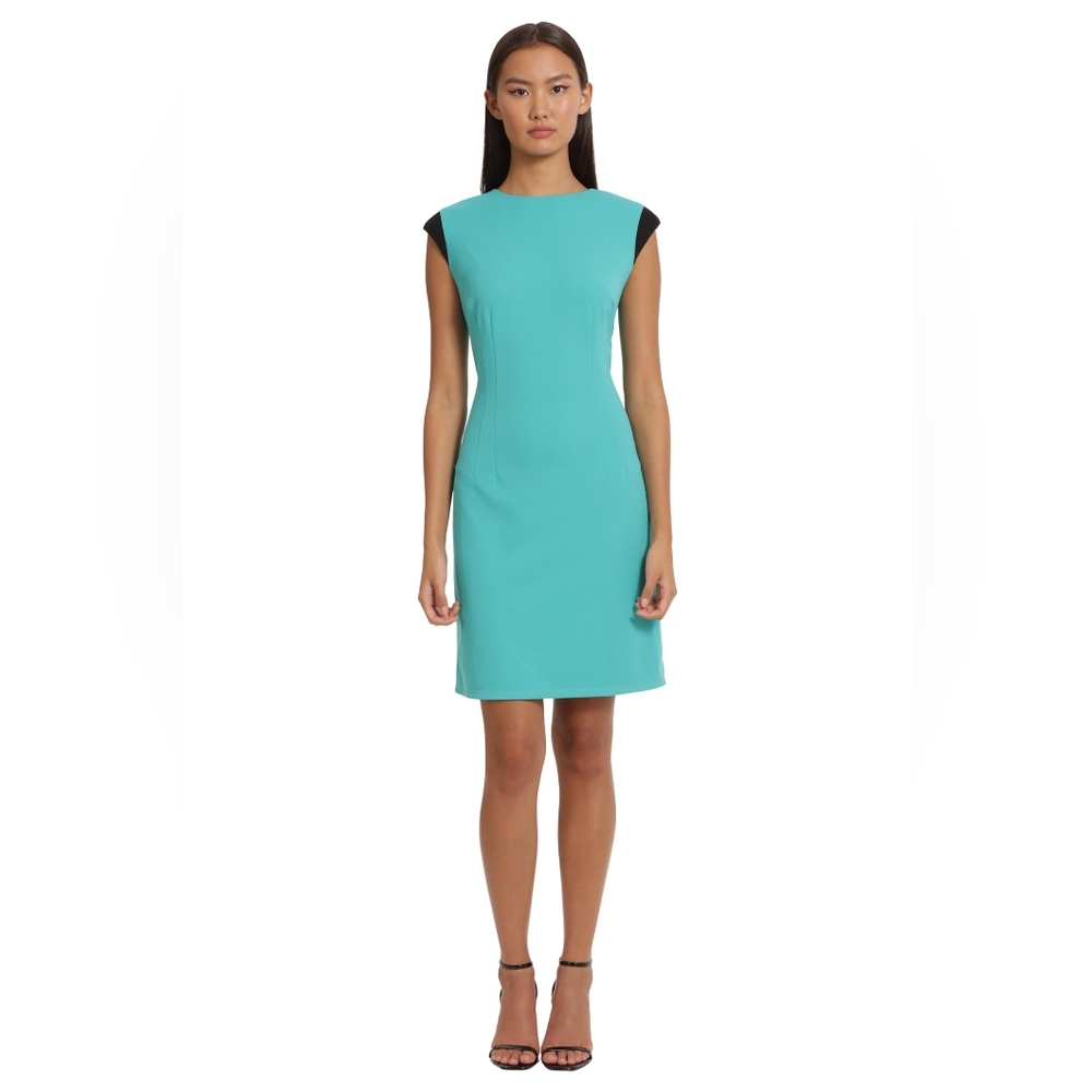 NWT Donna Morgan Teal Green Extended Shoulder Cap Sleeve Sheath Dress 14